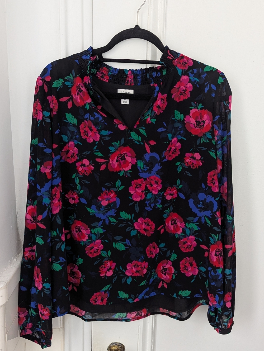 J. Crew Black V-Neck Floral Blouse with Pink & Blue Flowers